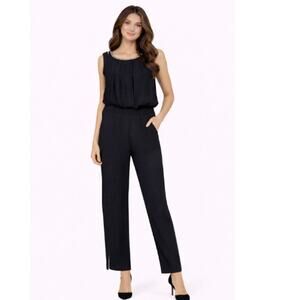 White House Black Market Sleeveless Jumpsuit Black Rhinestone Trim EUC Size 6